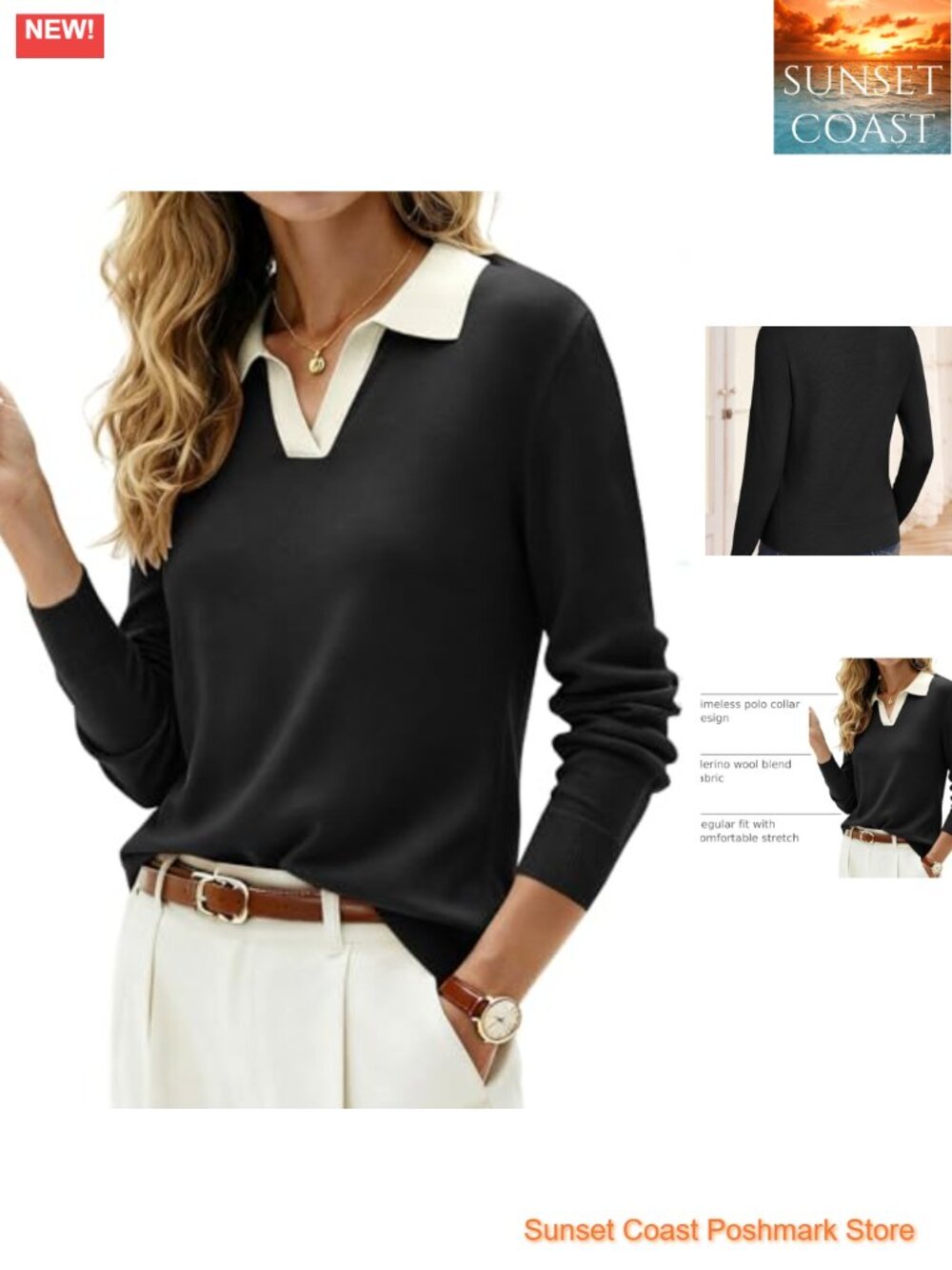 Kate K Merino Wool Blend V-Neck Polo Sweater Pullover
